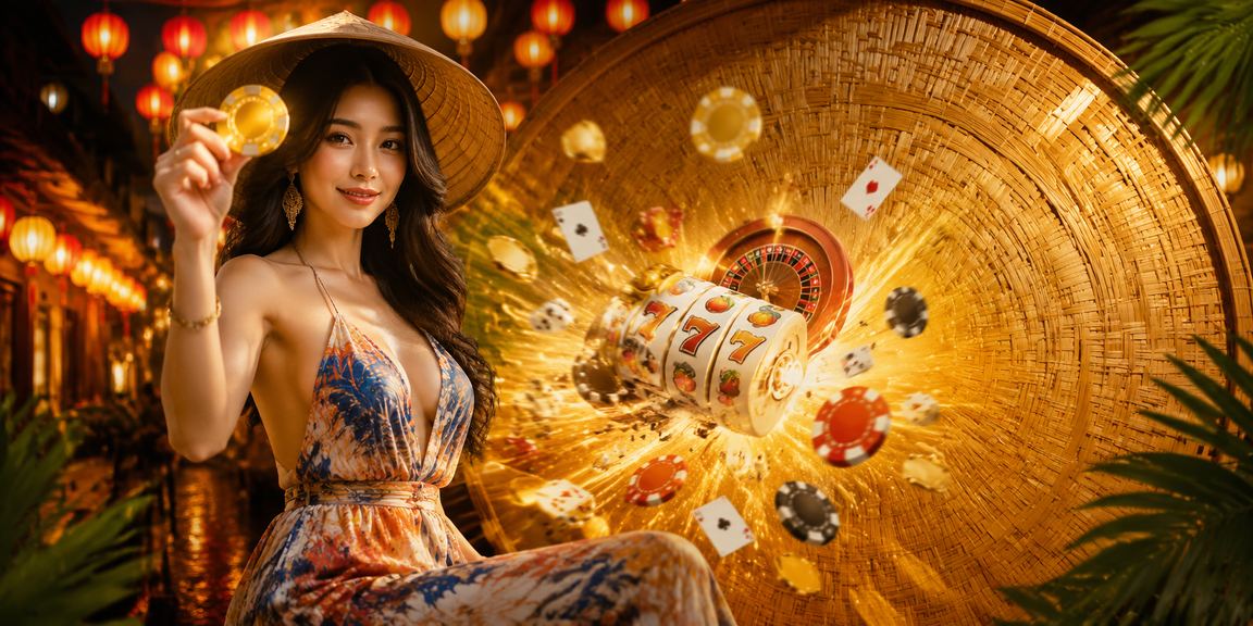 Người phụ nữ Huế đội nón lá sử dụng ứng dụng casino trên điện thoại trong không gian truyền thống