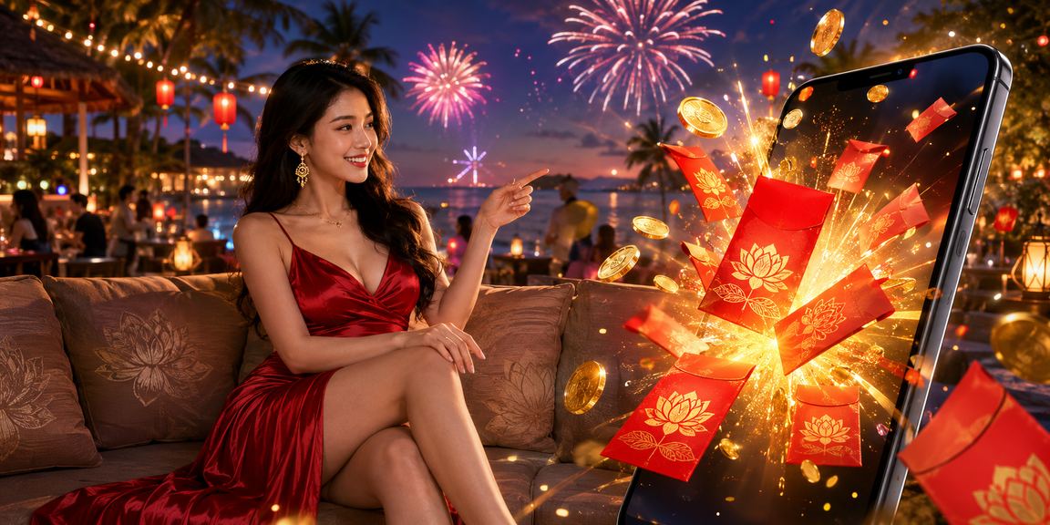 Bãi biển Phú Quốc với phong bì đỏ biểu trưng cho giải thưởng và thưởng lớn mùa lễ hội